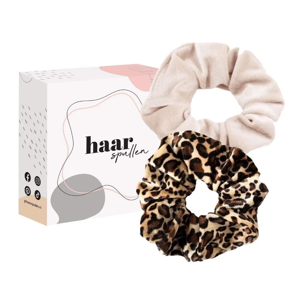 Basic Panther Scrunchie Duo Set - Panterprint & Beige