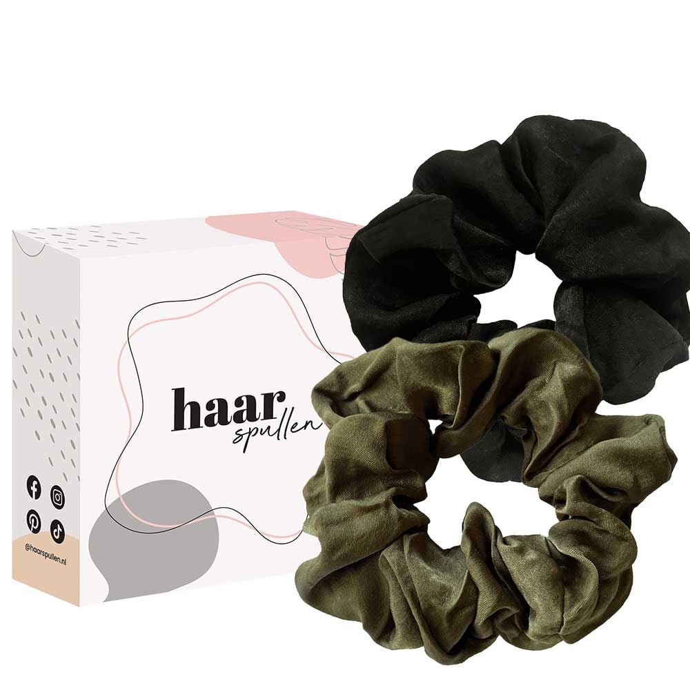 Lucky Duo Scrunchie Set Zijde - Zwart & Groen